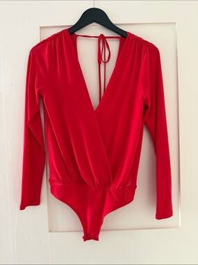 BCBGeneration Red Wrap-Front Long Sleeve Bodysuit